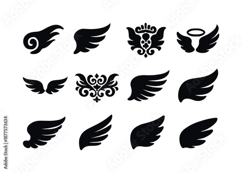 Angel Wing Icons. Angel wing decorative motifs. Solid icon set of angel wing decorative motifs: swirl ornament, feather flourish, ornate crest, halo swirl,