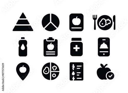 Nutrition Icon Collection. Nutrition planning. Solid icon set of nutrition planning: food pyramid, macro chart, calorie icon, balanced meal icon, hydration
