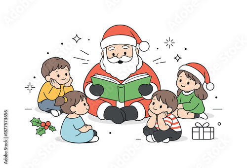Santa's Cozy Storytime. Santa Claus with children reading. Santa reading a book while children listen quietly. Cozy storytelling moment and calm holiday