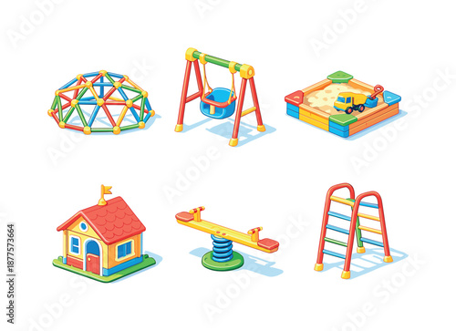 Kids Playground Icons. Kids outdoor play icons. Isometric flat vector icons set of kids outdoor play icons: climbing dome, swing with toddler seat, sandbox