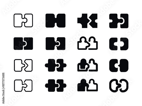 Collaborative Icon Variations. Collaborative project. Icon set. Set Logo of collaborative project: linked puzzle pieces. harmonious logo variations of the same