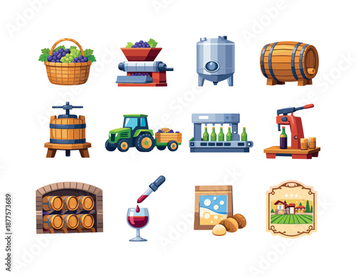 Wine Production Icons. Wine production. Colorful flat vector icons set of wine production: grape harvest basket, crusher machine, fermentation tank, oak
