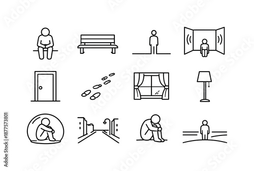 Symbols of Solitude. Loneliness. Line icon set of Loneliness: solitary figure, empty bench, distant silhouette, echoing room, closed door, fading footsteps,