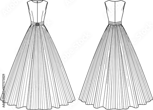 Pleated evening gown technical sketch, Fashion flat of sleeveless formal dress, Front and back view pleated gown
