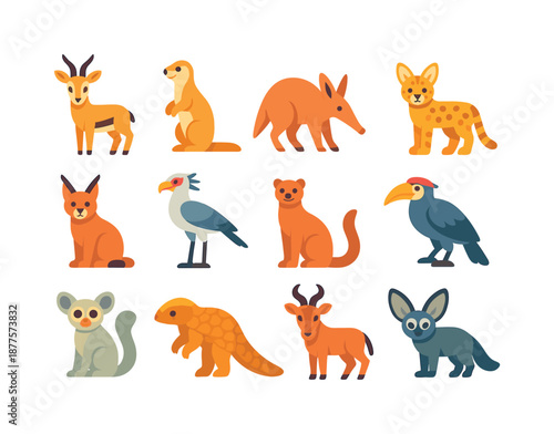 Grassland Animal Icons. Grassland fauna. Colorful flat vector icons set of grassland fauna: gazelle, ground squirrel, aardvark, serval, caracal, secretary