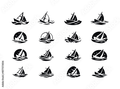 Sunken Ships Icon Set. sunken ships. Icon set. Set Logo of sunken ships: drifting sail fragment. harmonious logo variations of the same emblematic concept,