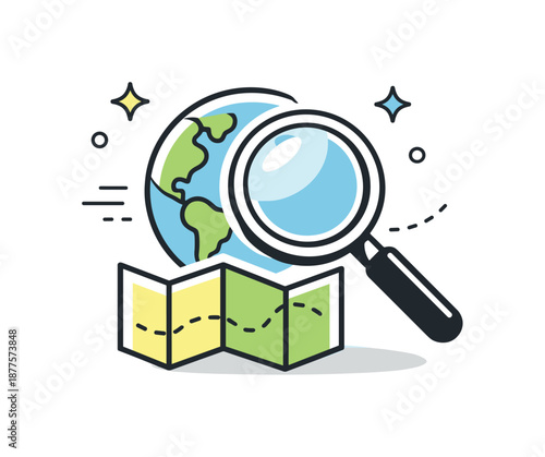 Exploration Icon Design. Geographic exploration icon. Simple magnifying glass over a stylized map or globe, symbolizing research, discovery, and curiosity.