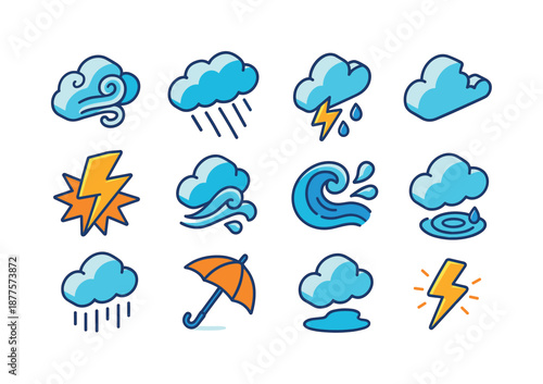 Turbulent Weather Icons. turbulent weather. Colorful isometric vector icons set of turbulent weather: swirling wind cloud, choppy rain cloud, broken cloud