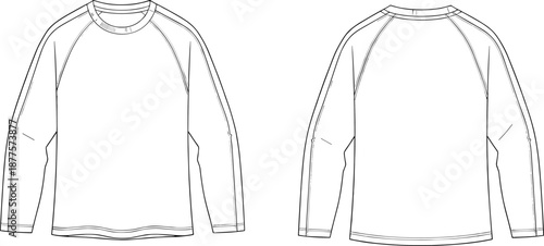 Raglan sleeve shirt technical sketch, Front and back view raglan shirt, Fashion flat of long sleeve top