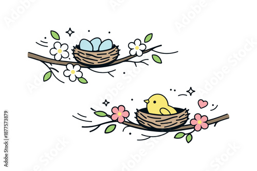 Spring Bird Nests. Spring bird nests in tree branches. Simple tree branches with small bird nests tucked among blooming flowers and leaves, expressing renewal,