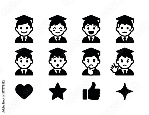 Student Emotions Icons. Student emotions. Solid icon set of Student emotions: happy face, shy face, excited face, nervous face, curious face, surprised face,