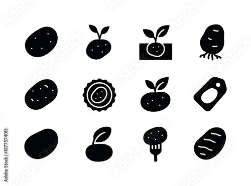 Potato Icon Set. Potato symbols. Solid icon set of potato symbols: tuber icon, sprout mark, earth-grown symbol, root shape, rustic potato, veggie badge, nature