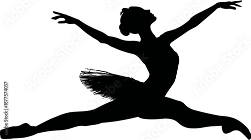 A graceful ballet dancer's silhouette, captured mid-air, arms and legs extended in a leap