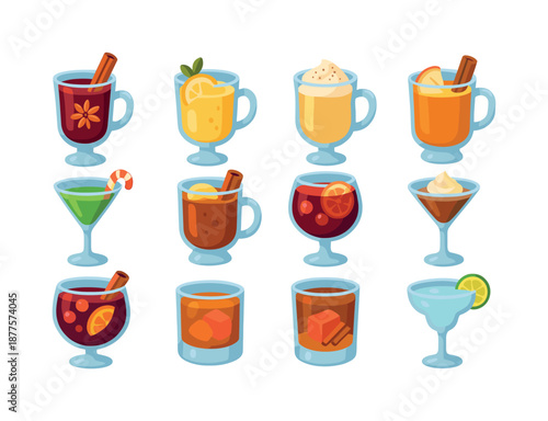 Winter Cocktail Icons. Winter cocktails. Colorful flat vector icons set of Winter cocktails: mulled wine, hot toddy, eggnog, spiked cider, Irish coffee,