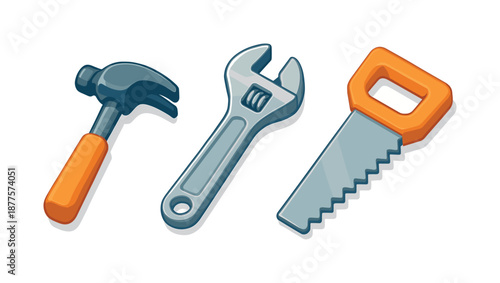 Construction Tools Icons. Construction tools. Isometric flat vector icons set of construction tools: hammer, adjustable wrench, hand saw. Three detailed
