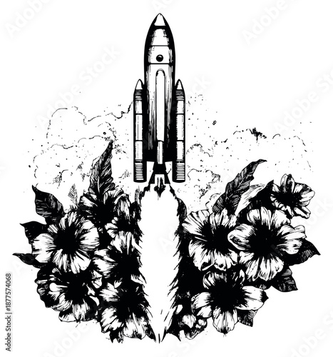 Hand drawn line art illustration of a space shuttle depicting a powerful launch merging with blooming flowers for creative projects