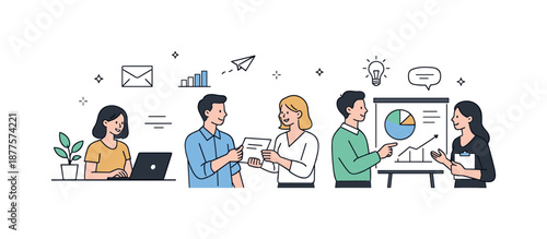 Teamwork and Productivity. Business concepts and workflows illustration. Minimal office scene with people exchanging documents, using laptops, and discussing