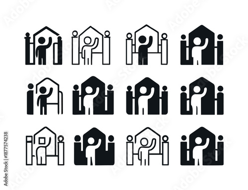 School Farewell Icons. Waving goodbye on the last day of school. Icon set. Set Logo of waving goodbye on the last day of school: waving figure at school gate.