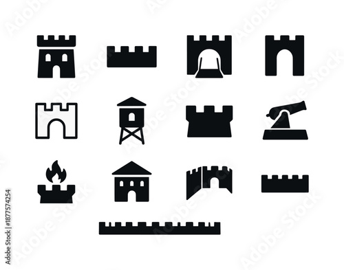 Historic Forts Icons. Historic forts. Solid icon set of historic forts: stone tower, crenellations, drawbridge, gate arch, fort outline, lookout platform,