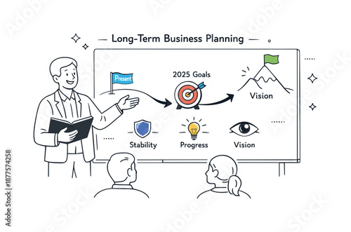 Visionary Business Roadmap. Long-term business planning. A leader presenting a roadmap with future goals and directional arrows. Vision, stability, and