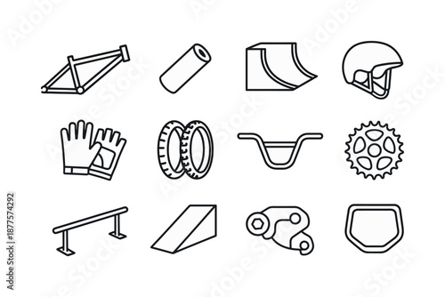 BMX Icon Set. BMX biking. Line icon set of BMX biking: BMX frame, stunt peg, half-pipe ramp, helmet, gloves, grippy tires, handlebar, sprocket, chain