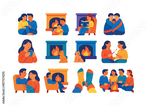 Cozy Fireplace Icons. People by the fireplace. Colorful flat vector icons set of people by the fireplace: couple sitting by fire, warm family moment, reading