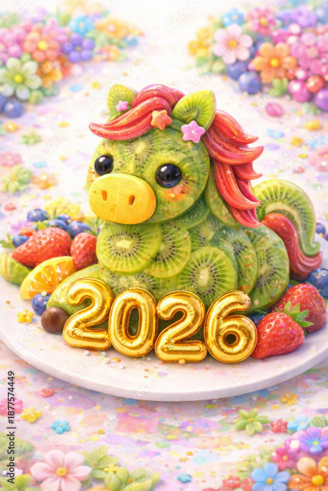Obraz premium Golden 2026 Kiwi Pony Fantasy New Year Illustration 