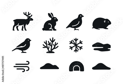 Tundra Winter Icons. Tundra winter animals. Solid icon set of tundra winter animals: reindeer, arctic hare, ptarmigan, lemming, snow bunting, tundra shrub,