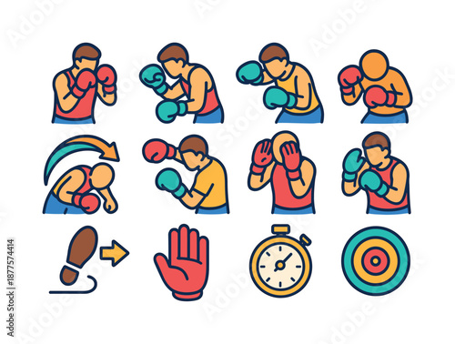 Boxing Defense Icons. Boxing defense. Colorful isometric vector icons set of boxing defense: guard position, slip left, slip right, duck motion, weave path,