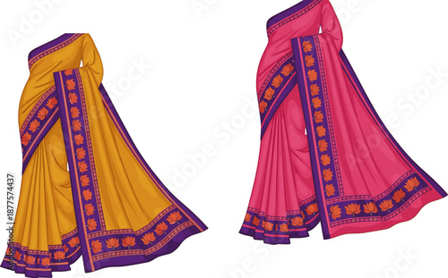 Traditional Indian sarees with lotus border, Mustard and pink saree fashion illustration, Cultural textile design front view