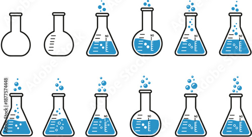 Laboratory Flask Grid Featuring Measurement Markings, Boiling Blue Liquids, Bubble Effects, Empty Vessels, and Stylized Chemistry Glassware Variants