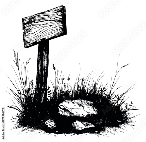 Hand drawn line art illustration of a rustic wooden signpost with grass and a rock depicting an outdoor scene for messages or directions