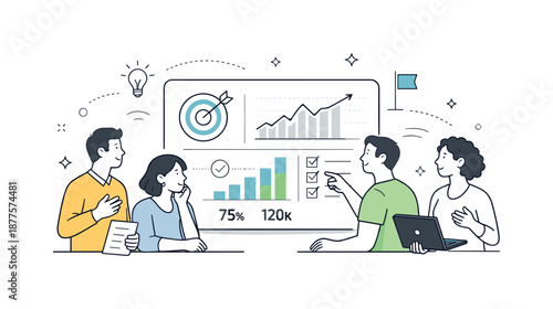 Data-Driven Team Collaboration. Team alignment with data. Colleagues gathering around a dashboard to align goals and metrics. Shared understanding