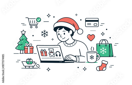 Festive Online Shopping. Shopping for Christmas gifts online. Person browsing gifts on a laptop with festive icons around. Comfortable digital shopping and