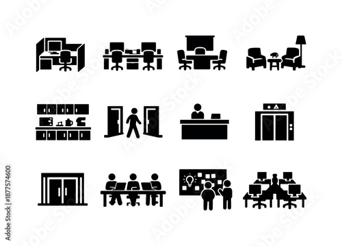 Workday Icon Set. Workday environments. Solid icon set of workday environments: cubicle icon, open office desk, meeting room icon, break area, kitchen counter,