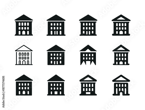Building Logo Variations. Building. Icon set. Set Logo of building: historic building facade. harmonious logo variations of the same emblematic concept, each