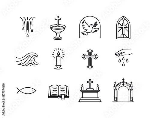 Christian Baptism Icons. Christian baptism. Line icon set of christian baptism: water stream, baptismal font cross, holy dove arc, sanctuary window, flowing