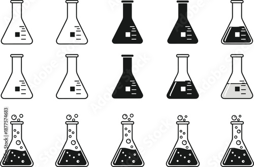 Stylized Laboratory Flask Grid Featuring Liquid Levels, Shading Variations, Bubbling Reactions, Erlenmeyer Designs, and Chemistry Glassware Icons