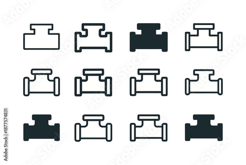 Pipe Routing Symbols. In-wall pipe routing diagram. Icon set. Set Logo of in-wall pipe routing diagram: T-joint plumbing symbol. harmonious logo variations of