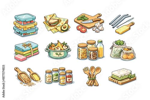 Eco-Friendly Kitchen Icons. Sustainable Kitchen. Colorful isometric vector icons set of Sustainable Kitchen: glass food containers, beeswax wraps, wooden