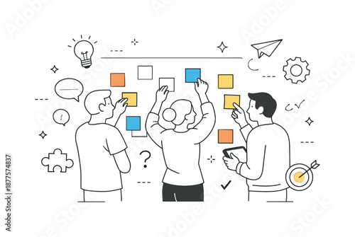 Creative Team Collaboration. Creative ideation meeting. Colleagues placing and rearranging sticky notes on a wall. Collaborative thinking and shared problem