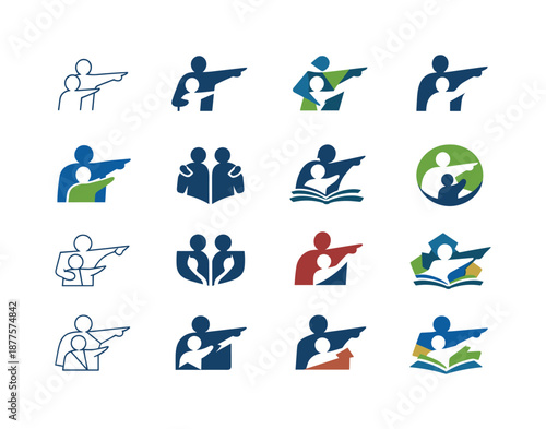 Teacher Icon Variations. Teacher training and development. Icon set. Set Logo of teacher training and development: mentor guiding figure. harmonious logo