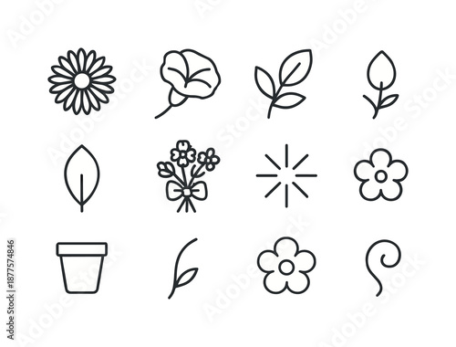 September Flower Icons. September birth flowers. Line icon set of september birth flowers: aster, morning glory, leaf sprig, bud, petal outline, bouquet