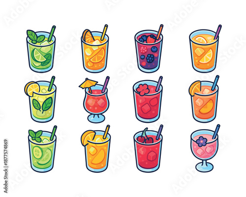Colorful Mocktail Icons. Mocktails. Colorful isometric vector icons set of mocktails: virgin mojito, fruit spritzer, berry fizz, citrus cooler, mint lemonade,