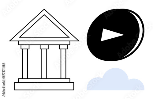 Digital transformation, media evolution, cloud computing, classical architecture, video streaming, technology adoption. A classical building, a play button and a cloud. Digital transformation