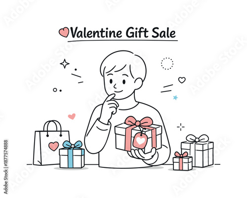 Thoughtful Gift Choice. Valentine Gift Sale. A simple character choosing a gift box with a heart tag, calm and thoughtful shopping moment. Friendly and