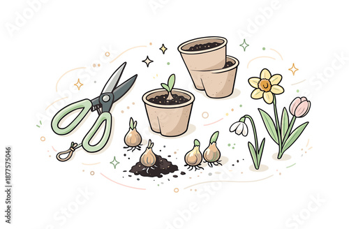 Garden Tools and Blooms. Planting tools and early blooms. A clean flatlay of garden scissors, biodegradable pots, and flower bulbs, surrounded by abstract soft