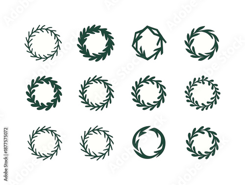 Seasonal Wreath Icons. Seasonal wreath. Icon set. Set Logo of seasonal wreath: evergreen winter wreath. harmonious logo variations: Minimal outline, Filled