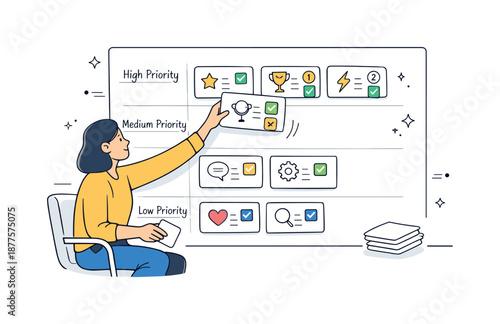 Feature Prioritization Illustration. Feature prioritization. Product owner organizing feature cards by importance on a simple roadmap board. Thoughtful