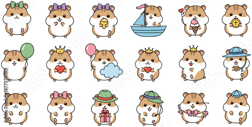 Cartoon hamster character set, cute expressive hamsters with accessories, playful animal illustrations for stickers, emoji design, children’s media, digital art